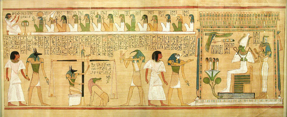 Page from the Ancient Egyptian Book of the Dead featuring detailed hieroglyphic illustrations